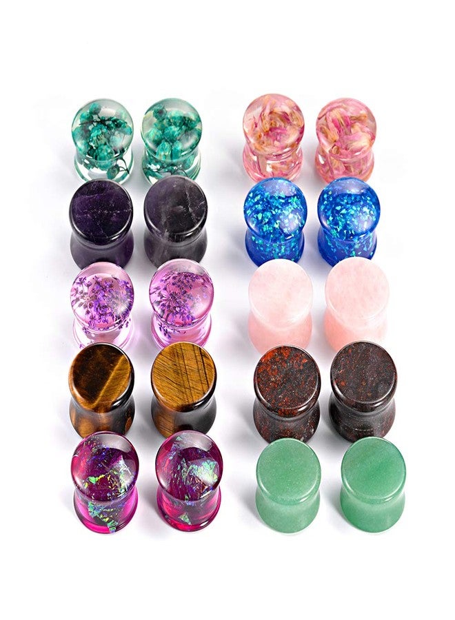 TBOSEN Set Of 10 Pairs Mixed Stone Ear Plugs Ear Gauges Ear Tunnels Double Flare Plugs Expander Body Piercing Jewelry 0g-5/8 in 8mm-16mm - Image 2